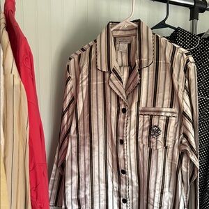 Womens PJ set, polyester and cotton, silky, with golden trim. Luxurious!